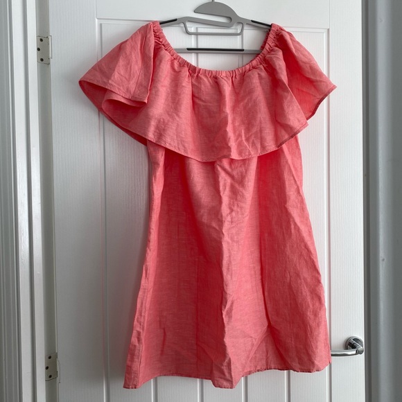 🏷️ SALE - NWT J. Crew Off the Shoulder Ruffle Dress Coral Pink Beach Coverup - Picture 2 of 6